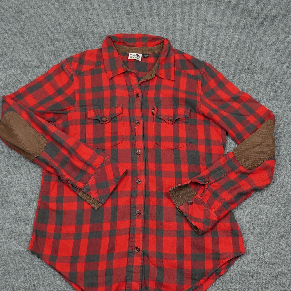 KAVU Shirt Womens Medium Red Black Buffalo Plaid Corduroy Elbow Patch Flannel